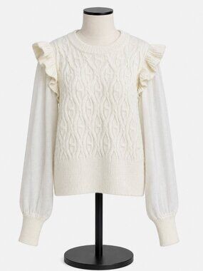 🆕 Anthropologie Ivory Cable-Knit Ruffle-Shoulder Sweater